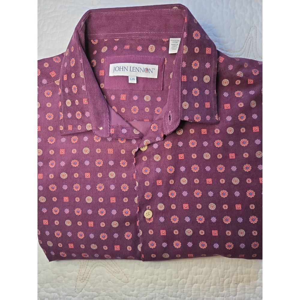 John Lennon Mens Shirt Sz Large Long Sleeve Maroon Geometric Print Fine Corduroy